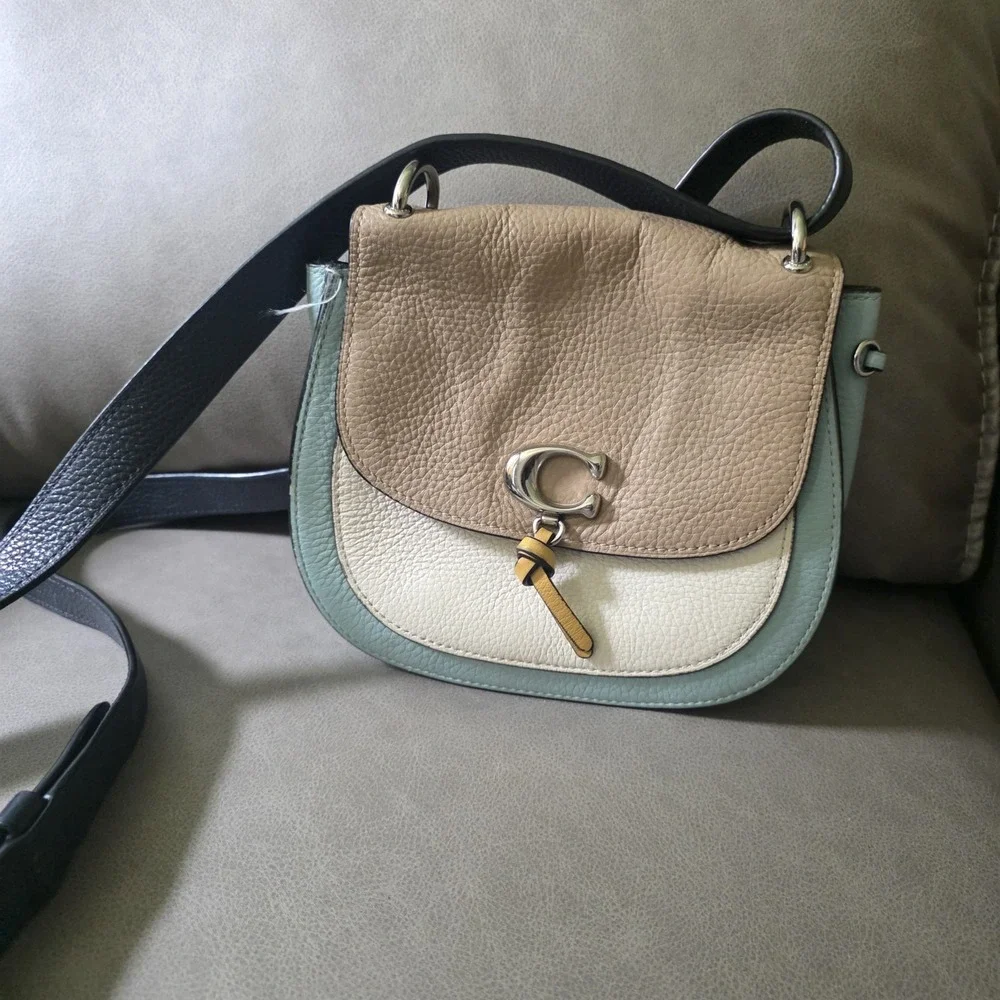 Coach Remi Saddle Bag in Colorblock Taupe Multi featuring refined pebble
